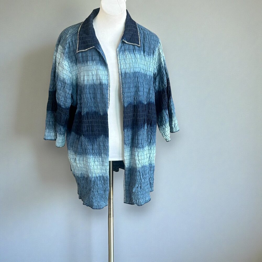 Bleu Bayou Denim Ombre Smocked Open Drape Rhinestone Accented Jacket Size 2X